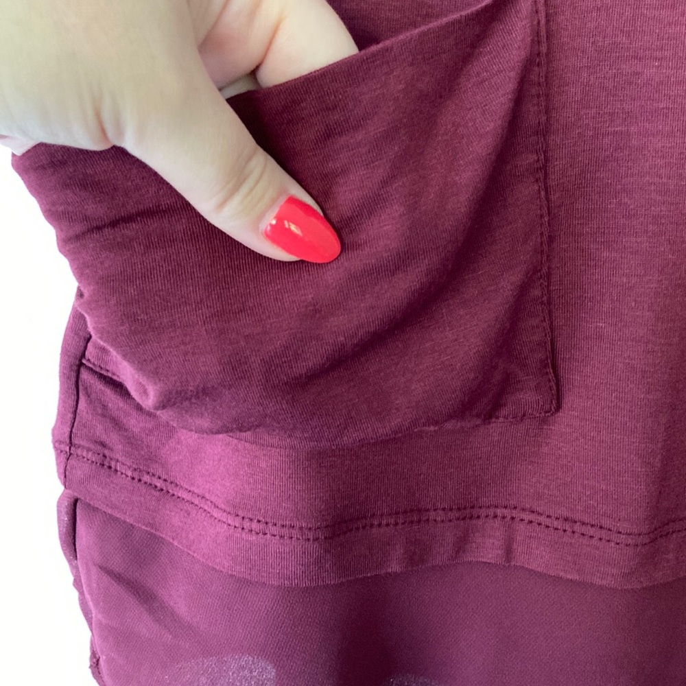 Women's Petite Chiffon Trim Tee with Pockets | Wine - Picture 4 of 6
